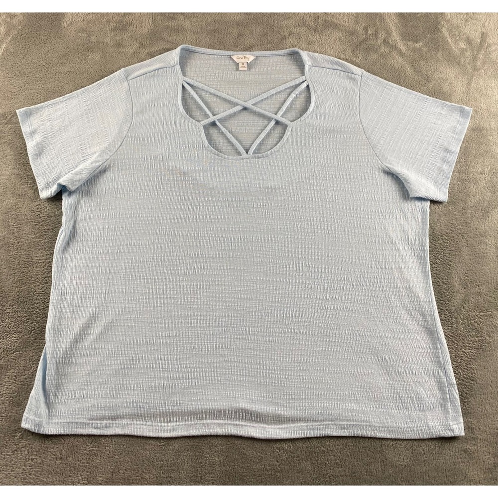 Coral Bay Womens 1X Light Blue Lattice Neck Textured Short Sleeve Top